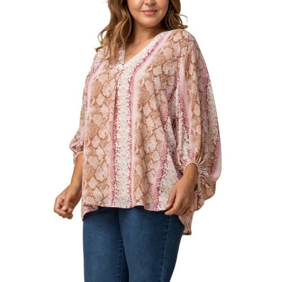 ENTRO Pink Snake Reptile Print V-Neck Blouse Top - Picture 1 of 12